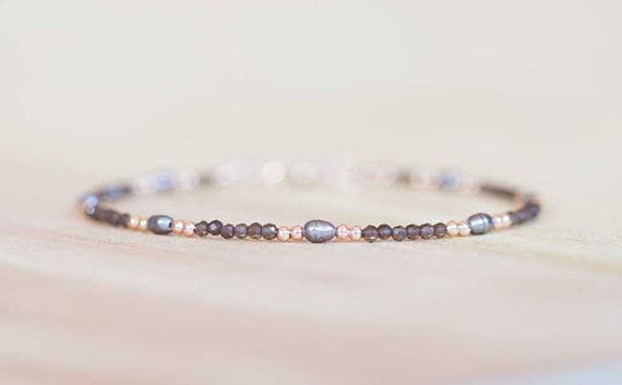 24k gold Rock Gift 8mm Brown Smoky Quartz & Pearls stacking Bracelet Drum, Faceted 18cm for mens, womens, gf, bf and adults.