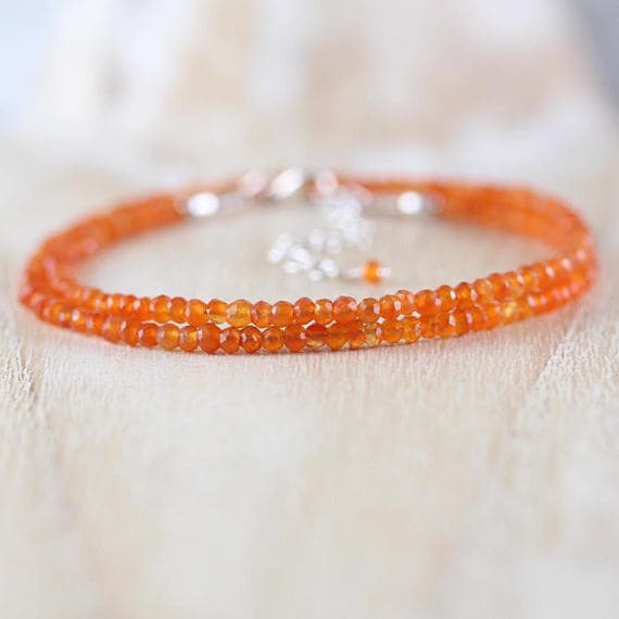 925 sterling Silver Natural 3-3.5mm stacking Orange Carnelian Necklace Round, faceted 16" for mens, womens, gf, bf & Adult.