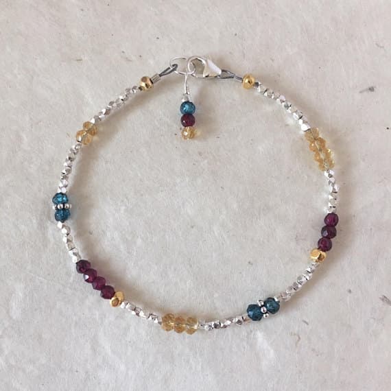 Citrine Garnet London Blue Quartz Karen Hill Tribe Thai Silver & Gold Beaded Stacking Bracelet, Sundance Style, Boho Chic, Dainty Bracelet 2-4mm Code- WAR6375