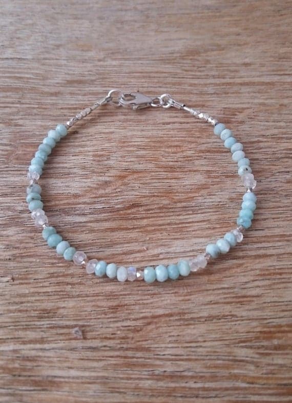 Larimar Bracelet Moonstone Bracelet Karen Hill Tribe Silver Bracelet Skinny Bracelet Thin Gemstone Bracelet Minimal Bracelet Gift for Her 3-4mm Code- WAR6864