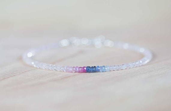 925 sterling silver Grounding 2.5-3mm Multi Colour Rose Quartz & Sapphires stacking Bracelet Rondelle , Faceted 18cm for mens, womens, gf, bf and adults.