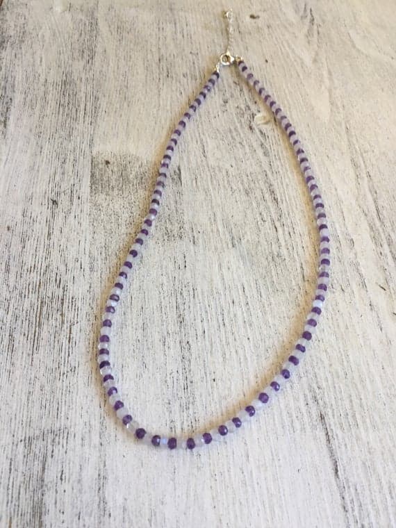 925 sterling Silver Artisan Loose 3-4mm stacking Purple & White Amethyst & Moonstone Necklace Rondelle, Faceted 17" for mens, womens, gf, bf & Adult.