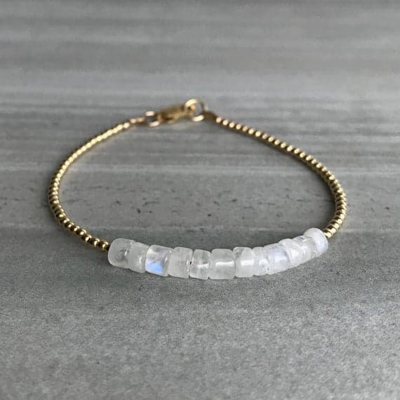 24k gold Personalized Gift 5mm White Genuine Moonstone stacking Bracelet rondelle, Smooth 18cm for mens, womens, gf, bf and adults.