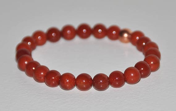 Rose Gold Galaxy Jewelry 8mm Red Orange Carnelian & Red Jasper Stretchable Bracelet Round, Smooth 18cm for mens, womens, gf, bf and adults.