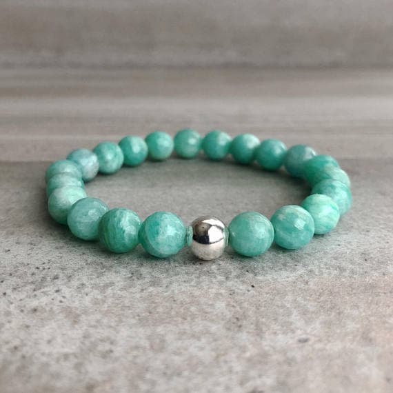 925 sterling silver Jewelry Energy 8mm Sky Blue Amazonite Stretchable Bracelet Round, Smooth 18cm for mens, womens, gf, bf and adults.