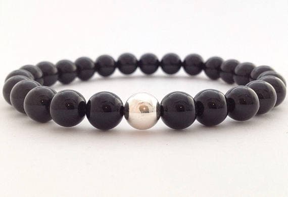 Rock Gift Silver Helling 8mm Stretchable Black Black Onyx Bracelet Round, Smooth 7" for mens, womens.