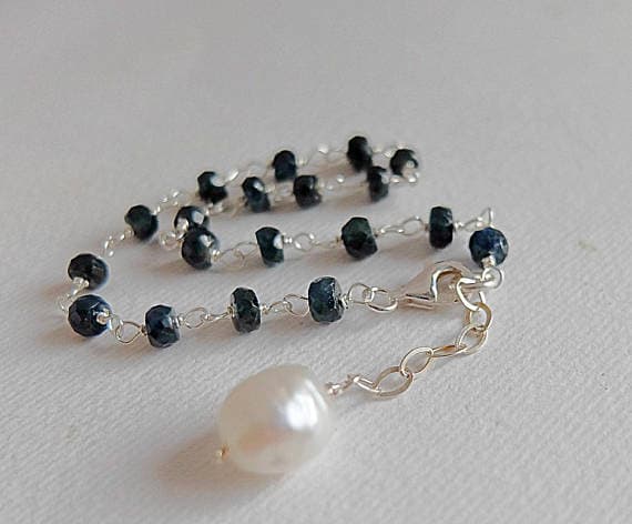 AAA++ Rare Quality Gold  rose filled Stacking Bracelet,Gemstone Faceted Rondelle Bracelet, midnight blue sapphire rosary style bracelet,freshwater pearls 4 mm Code- TJH125