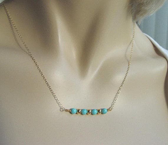 Turquoise gemstone bar Necklace 14kt Yellow Gold fill Chain Beads Clasp Choker  4mm    Code- WAR6126