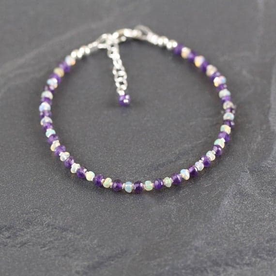 925 sterling Silver Rock Gift Silver Helling 2.5mm stacking Multi Ethiopian Welo Opal & Amethyst  Bracelet Rondelle, Faceted 7" for mens, womens, gf, bf & Adult.