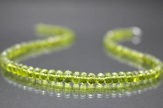 925 sterling Silver chakras simple 5-6mm stacking Green Peridot Necklace Rondelle, Faceted 17" for mens, womens.