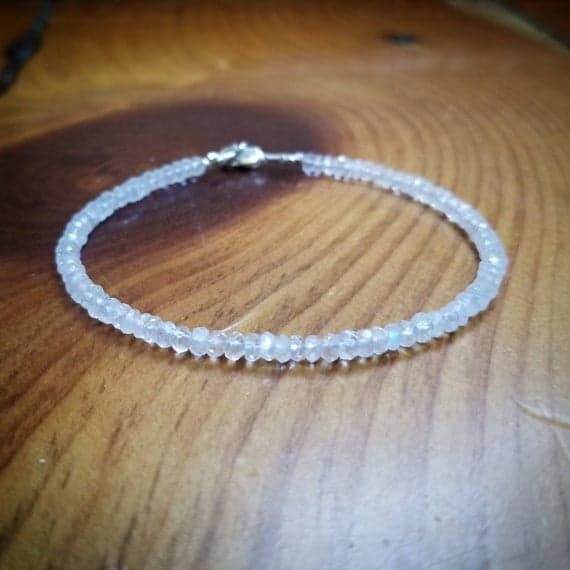 925 sterling silver love beach youth 3.5mm White Rainbow Moonstone stacking Bracelet Rondelle, Faceted 18cm for mens, womens, gf, bf and adults.