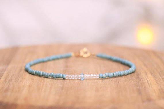 24k gold Plated good luck gift 2mm stacking Blue Turquoise & Topaz  Bracelet Round & Rondelle, Faceted & Smooth 7" for mens, womens, gf, bf & Adult.