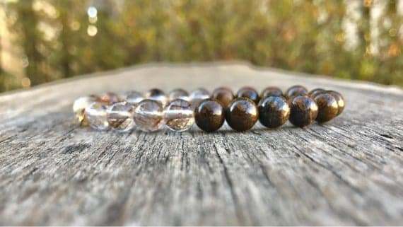 Anniversary Gift 8mm Stretchable Black & White Copper Rutilated Quartz and Bronzite Bracelet Round, Smooth 7" for mens, womens, gf, bf & Adult.