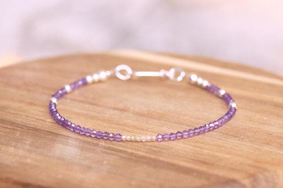 925 sterling Silver Anxiety Relief Calming Silver Helling 3-4mm stacking Purple Amethyst Bracelet Rondelle, Faceted 7" for mens, womens, gf, bf & Adult.