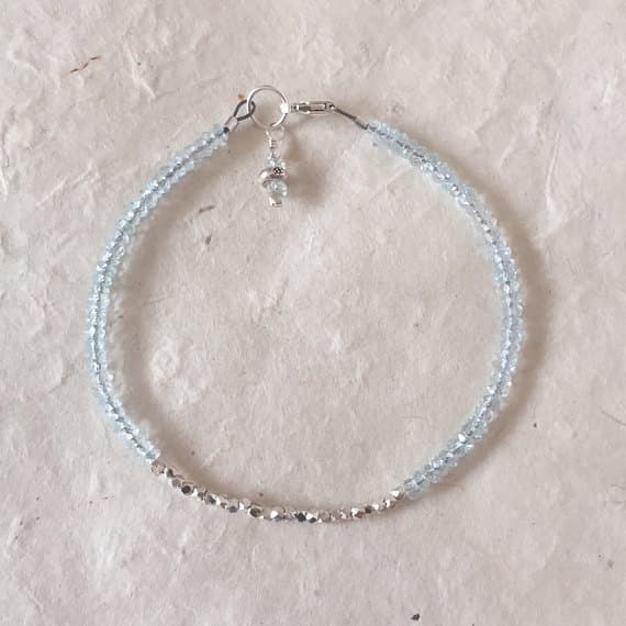 Sky Blue Topaz Karen Hill Tribe Thai Silver Beaded Stacking Bracelet, Sundance Style, Bridal Jewelry, Wedding Jewelry, Boho Bracelet 2mm-3mm Code- WAR6371