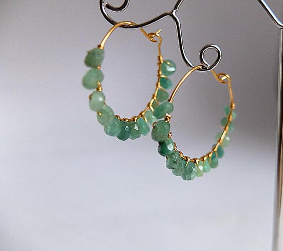 AAA++ Rare Quality Green Emerald Gold  earrings hoop gemstone Gold  filled hoop wire wrapped earring boho hoop beaded earring Emerald jewelry natural emerald 4-5 mm Code- TJH205