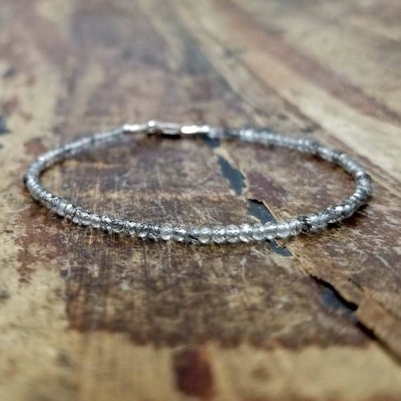 925 sterling silver Positive Energy 2mm Multi Colour Tourmalinated Quartz stacking Bracelet Round, Faceted 18cm for mens, womens, gf, bf and adults.