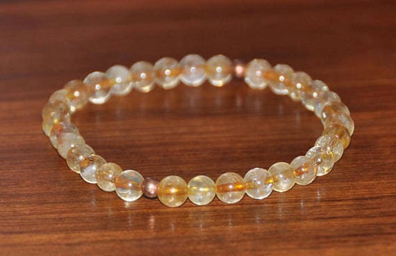Rose Gold Grounding 4mm Yellow Citrine Stretchable Bracelet Round, Smooth 18cm for mens, womens, gf, bf and adults.