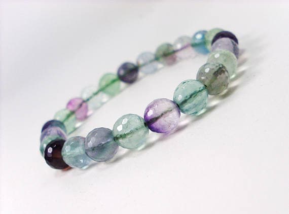 Grounding 8mm Stretchable Multi Fluorite Bracelet Round, Faceted 7" for mens, womens.