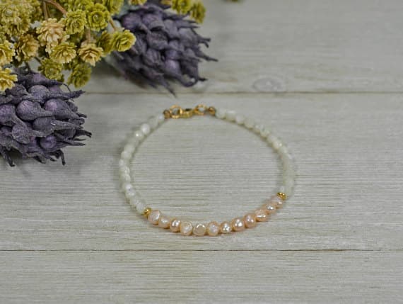 24k gold Plated Rock Gift,gold helling 4x5 mm Stracking Pink & white Pink Freshwater Pearl & White Pearl Bracelet Round, Smooth 7" for mens, womens, GF, BF, Adults.