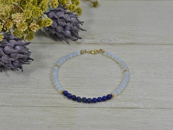 24k gold Plated Blush Jewelry,gold helling 4 mm Stracking Blue Lapis Lazuli Dark Royal Blue Bracelet Round, Smooth 7" for mens, womens, GF, BF, Adults.