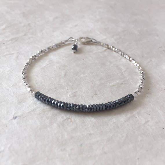 Hematite Karen Hill Tribe Thai Silver Beaded Stacking Bracelet, Sundance Style, Boho Chic, Layering Bracelet, Dainty Bracelet 5mm Code- WAR6428