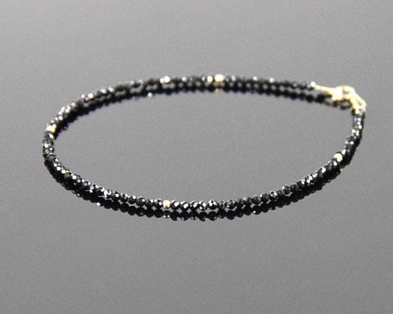 Black Spinel Gold Bracelet - Black Gemstone Bracelet, Black Bead Bracelet, Spinel Bracelet, Gemstone Stacking Bracelet, Beaded Bracelet 2.4mm Code- WAR6093