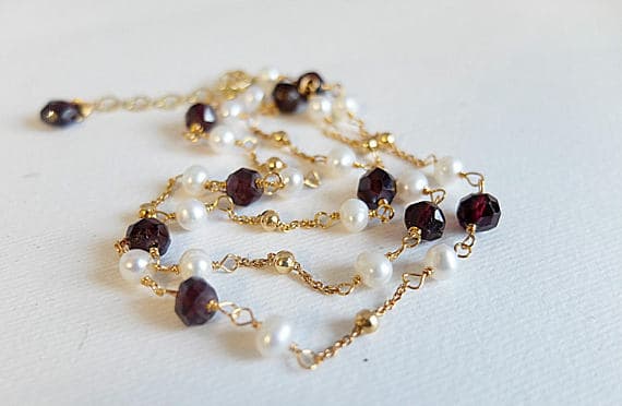AAA++ Rare Quality Delicate,white small,freshwater pearl necklace,handwrapped with Gold  filled wire in rosary style,Gold  filled tiny pearls red wine briolette 6 mm Code- TJH179