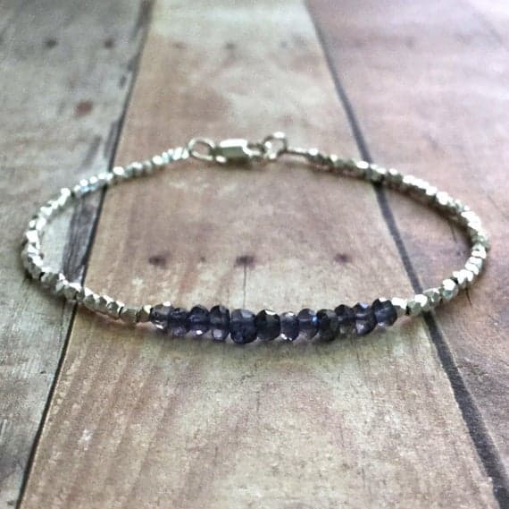 925 sterling silver Positive Energy 4mm Blue Iolite stacking Bracelet Rondelle, Faceted 18cm for mens, womens, gf, bf and adults.