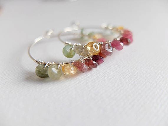 AAA++ Rare Quality Watermelon tourmaline earrings hoop gemstone,hoop wire wrapped earring boho hoop beaded earring ombre watermelon tourmaline jewelry natural 4-5 mm Code- TJH204