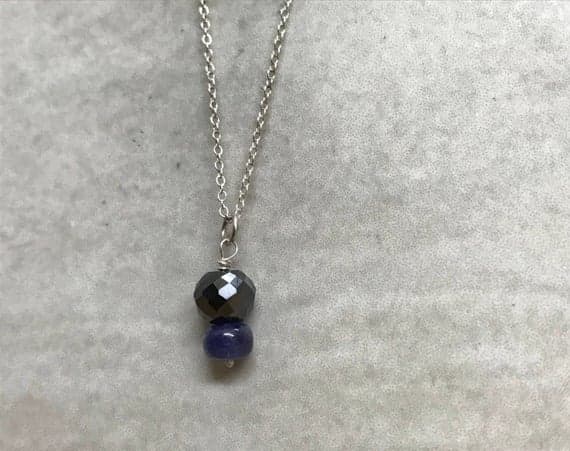 8mm Black Diamond & Tanzanite pendant Gemstone 925 Sterling silver dainty Necklace  Code- WAR6635