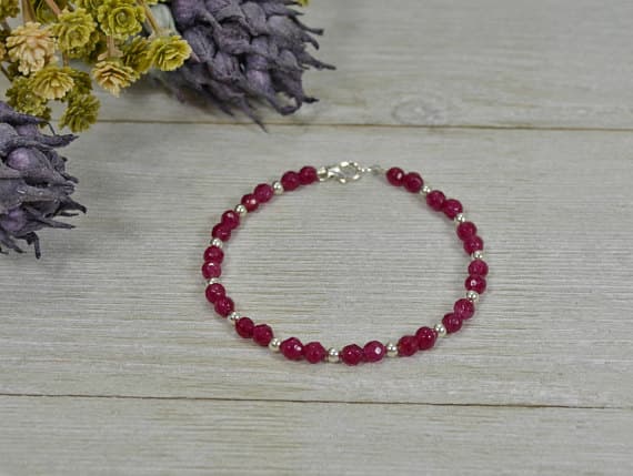 925 steling silver Anxiety Gemstone,silver helling 4 mm Stracking pink Magenta Jade Bracelet Round, Faceted 7" for mens, womens, GF, BF, Adults.