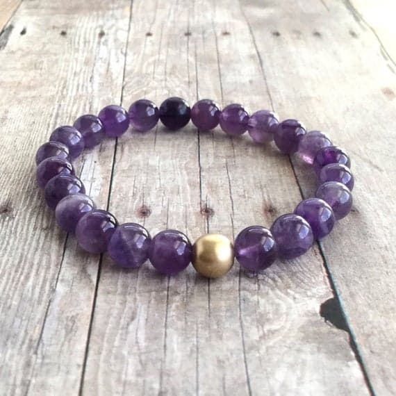Rose Gold Handmade Beaded 8mm Purple Amethyst Stretchable Bracelet Round, Smooth 18cm for mens, womens, gf, bf and adults.