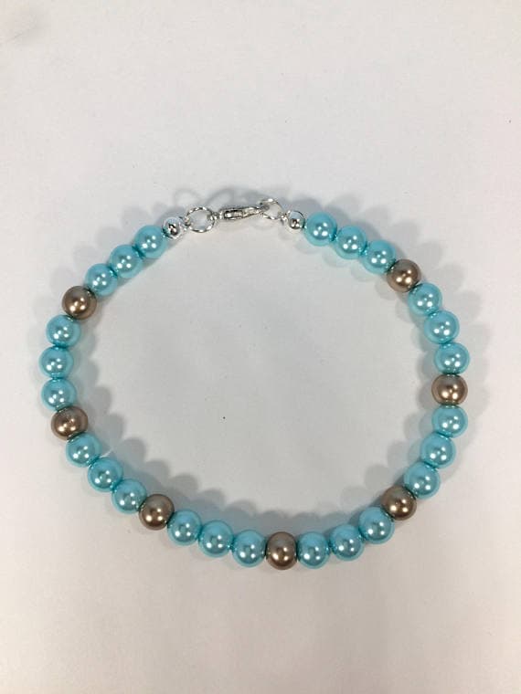 925 sterling Silver Positive Energy Gold helling 4-5mm stacking Blue & Gold Blue Pearl Bracelet Round, Smooth 7" for mens, womens, gf, bf & Adult.