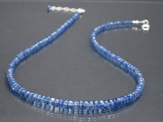 925 sterling Silver Wholesale 4-6mm stacking Blue Blue Kyanite Necklace Rondelle, Faceted 17" for mens, womens.