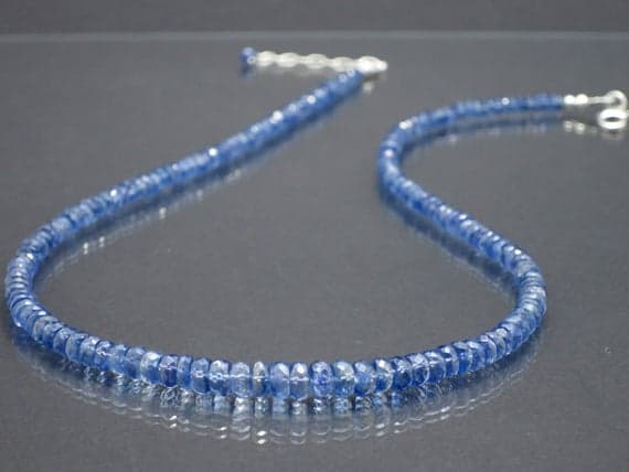 925 sterling Silver Jewelry Energy 4-7mm stacking Blue Blue Kyanite Necklace Rondelle, Faceted 17" for mens, womens.