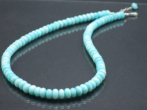 925 sterling Silver Unique Wedding Gift 8mm stacking Sky Blue Amazonite Necklace Rondelle, Smooth 17" for mens, womens.