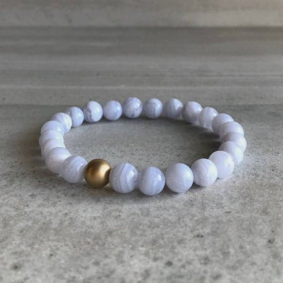 Rose Gold Anxiety Relief Calming 8mm Blue Blue Lace Agate Stretchable Bracelet Round, Smooth 18cm for mens, womens, gf, bf and adults.