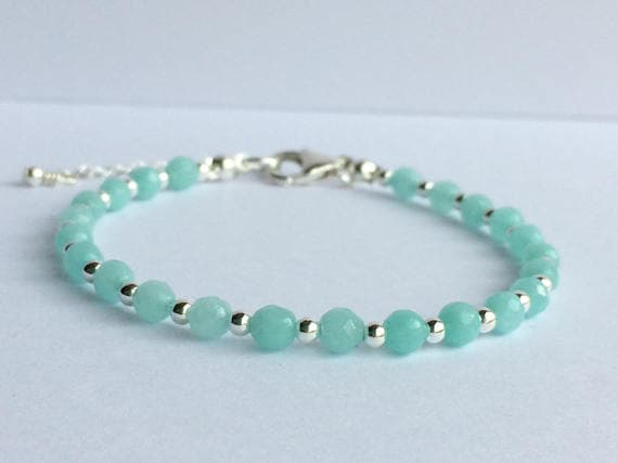 925 sterling Silver Wholesale Silver helling 4mm stacking Blue Amazonite Bracelet Round, Smooth 7" for mens, womens, gf, bf & Adult.