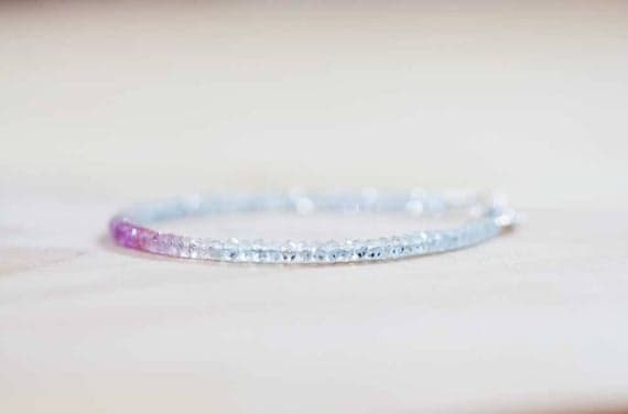 925 sterling silver Anxiety Relief Calming 3-3.5mm Multi Colour Aquamarine & Pink Sapphire stacking Bracelet Rondelle, Faceted 18cm for mens, womens, gf, bf and adults.
