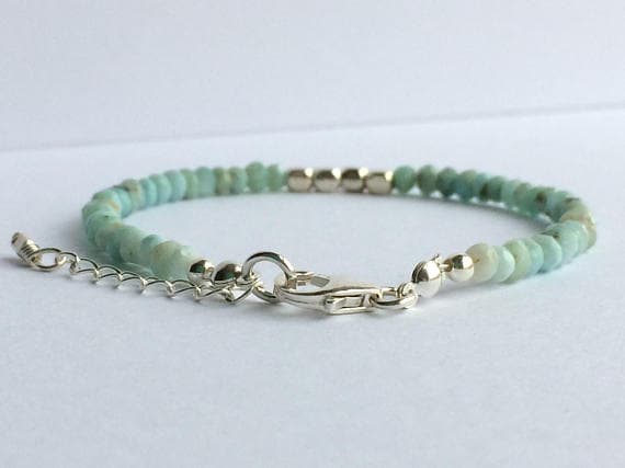 925 sterling Silver Handmade Beaded Silver Helling 4mm stacking Blue Larimar Bracelet Round, Faceted 7" for mens, womens, gf, bf & Adult.