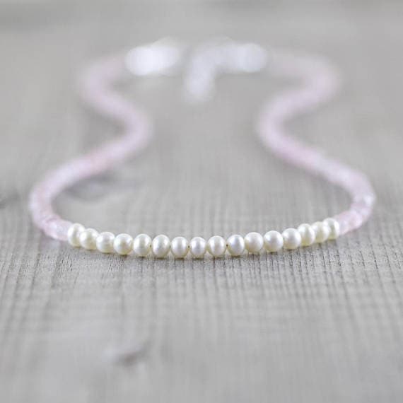 925 sterling Silver Dainty Slave Loose 3.5mm stacking Pink & White Freshwater Pearl & Rose Quartz  Necklace Round & Rondelle, Faceted & Smooth 16" for mens, womens, gf, bf & Adult.
