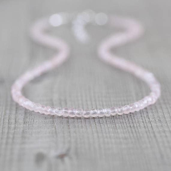 925 sterling Silver Jewelry Energy 3-3.5mm stacking Pink Rose Quartz  Necklace Round, Faceted 16" for mens, womens, gf, bf & Adult.