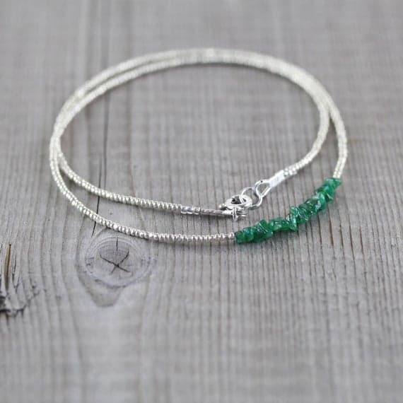 925 sterling Silver Anxiety Relief Calming 3-4mm stacking Green Zambian Emerald Necklace Fancy, Faceted 16" for mens, womens, gf, bf & Adult.