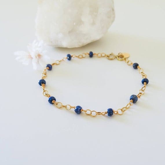 24k gold Plated Jewelry Energy 4mm stacking Blue Sapphire Bracelet Rondelle, Smooth 7" for mens, womens.