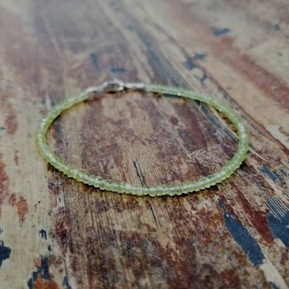 925 sterling silver Grounding 3mm Green Peridot stacking Bracelet Rondelle, Faceted 18cm for mens, womens, gf, bf and adults.