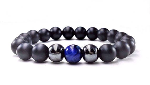 Dainty Slave Loose 10mm Stretchable Black Matte Black Onyx Blue Tiger Eye Bracelet Round, Smooth 7" for mens, womens.