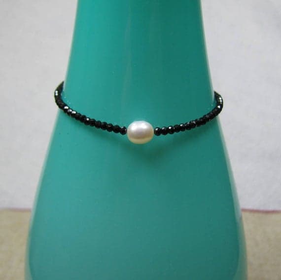 Black Spinel and Pearl Bracelet, Faceted Gemstone Bracelet, Silver Minimalist Jewelry 2.5-7mm  Code- WAR6609