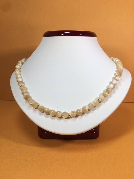 24k gold Plated memorial gift 4-5mm stacking White Mother of Pearl  Necklace Round, Smooth 16" for mens, womens, gf, bf & Adult.