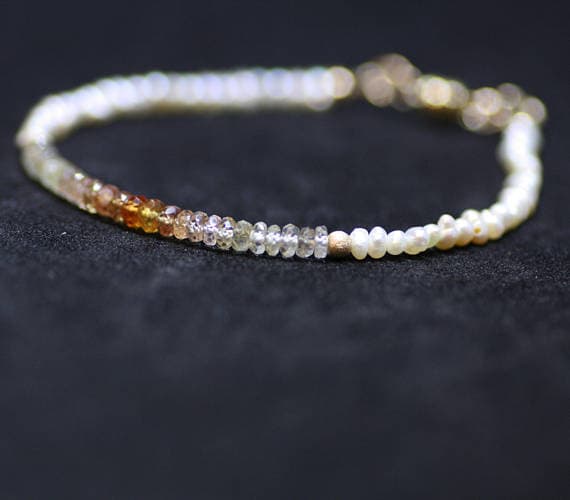 24k gold Plated Anxiety Gemstone Gold Helling 3-3.5mm stacking Multi Natural Orange, Yellow Sapphire and Pearl  Bracelet Rondelle, Faceted 7" for mens, womens, gf, bf & Adult.